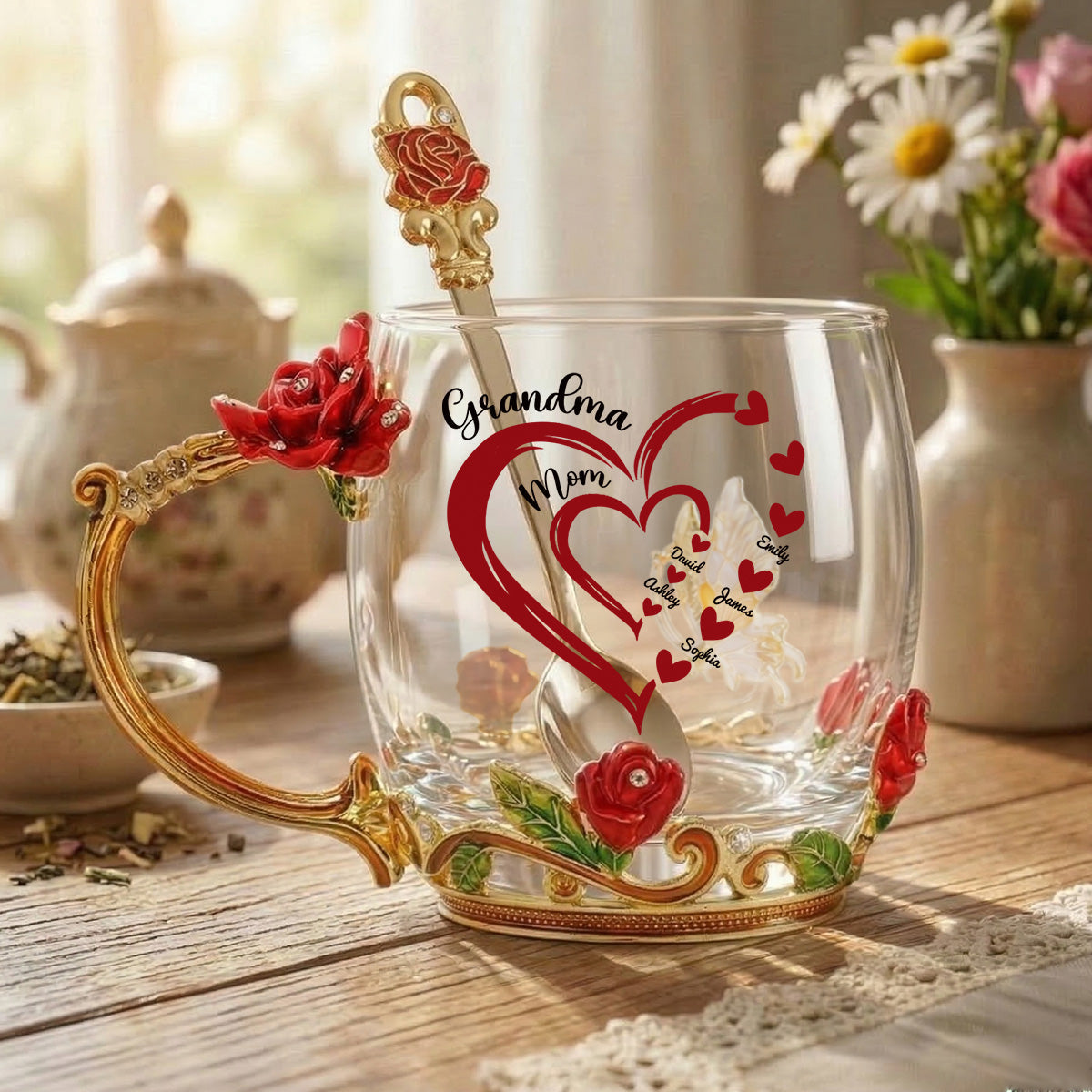 Grandma Mom Heart Custom Kids Names - Personalized Enamel Flower Tea Cup - Gift For Grandma, Mom