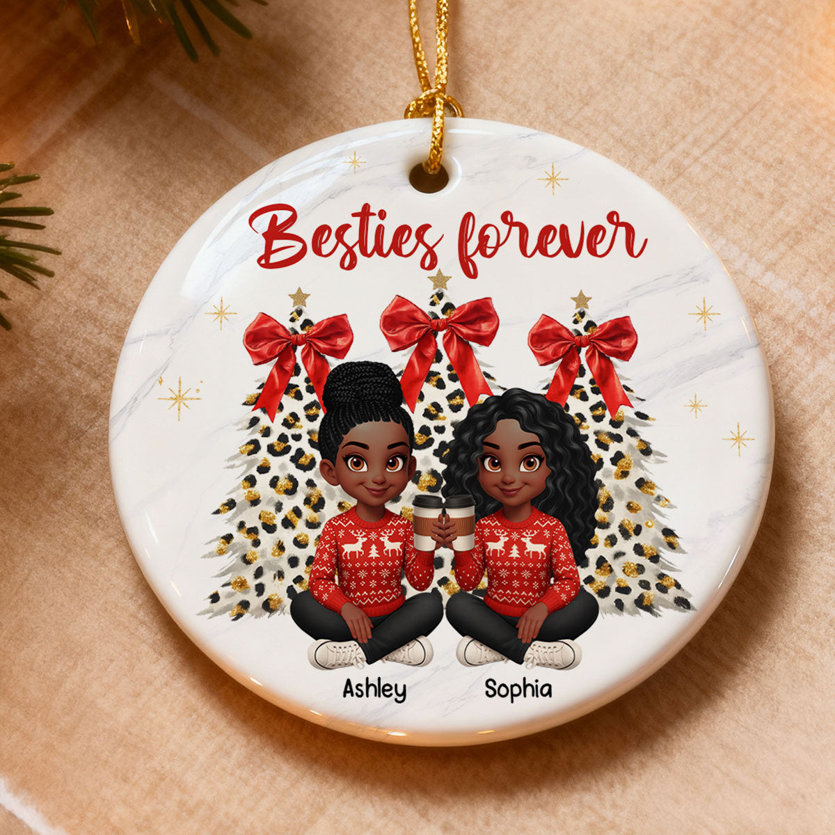 Besties Forever Leopard Coquette Christmas Tree - Personalized Ceramic Ornament