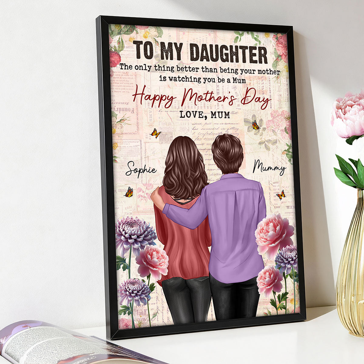 Vintage Floral Newspaper To My Daughter From Mum Birth Month Flower - Personalised Poster