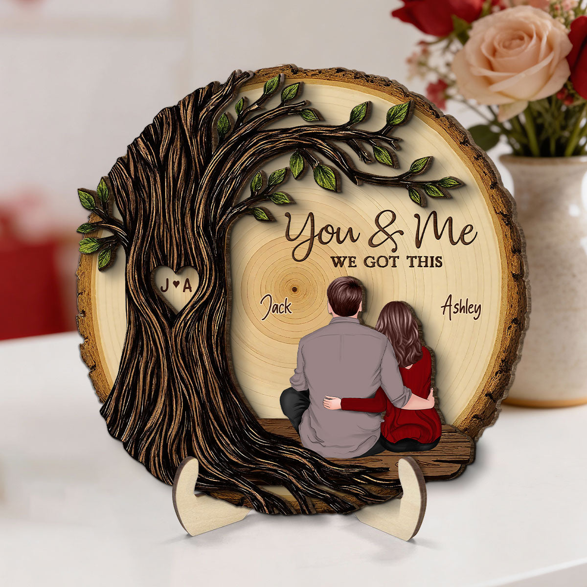 Couple Sitting Back View Under Heart Carved Tree - Personalized 2-Layered Wooden Plaque - Valentine's Day Gift For Couple