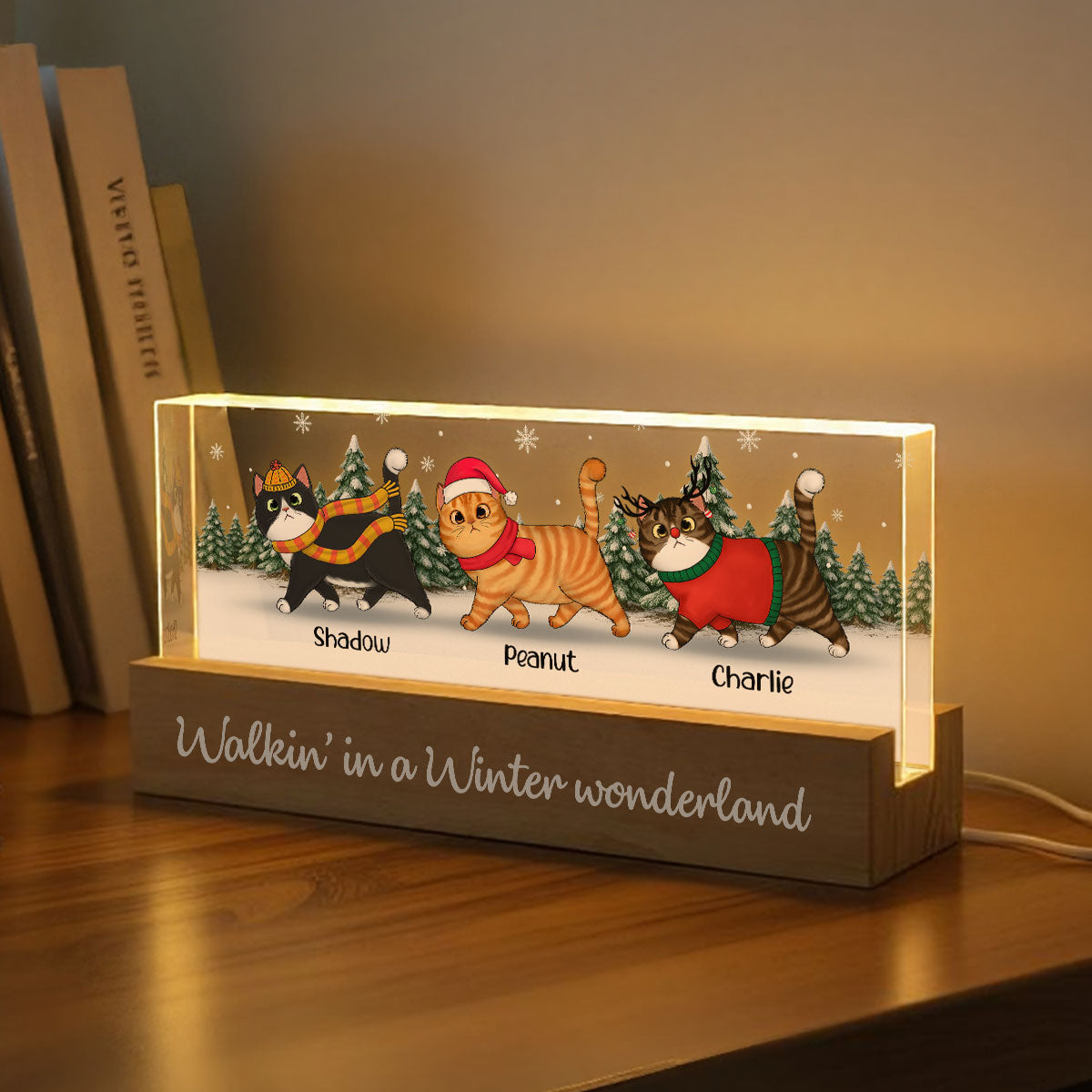 Christmas Cats Walking In A Winter Wonderland - Personalized Acrylic Block Plaque LED Night Light
