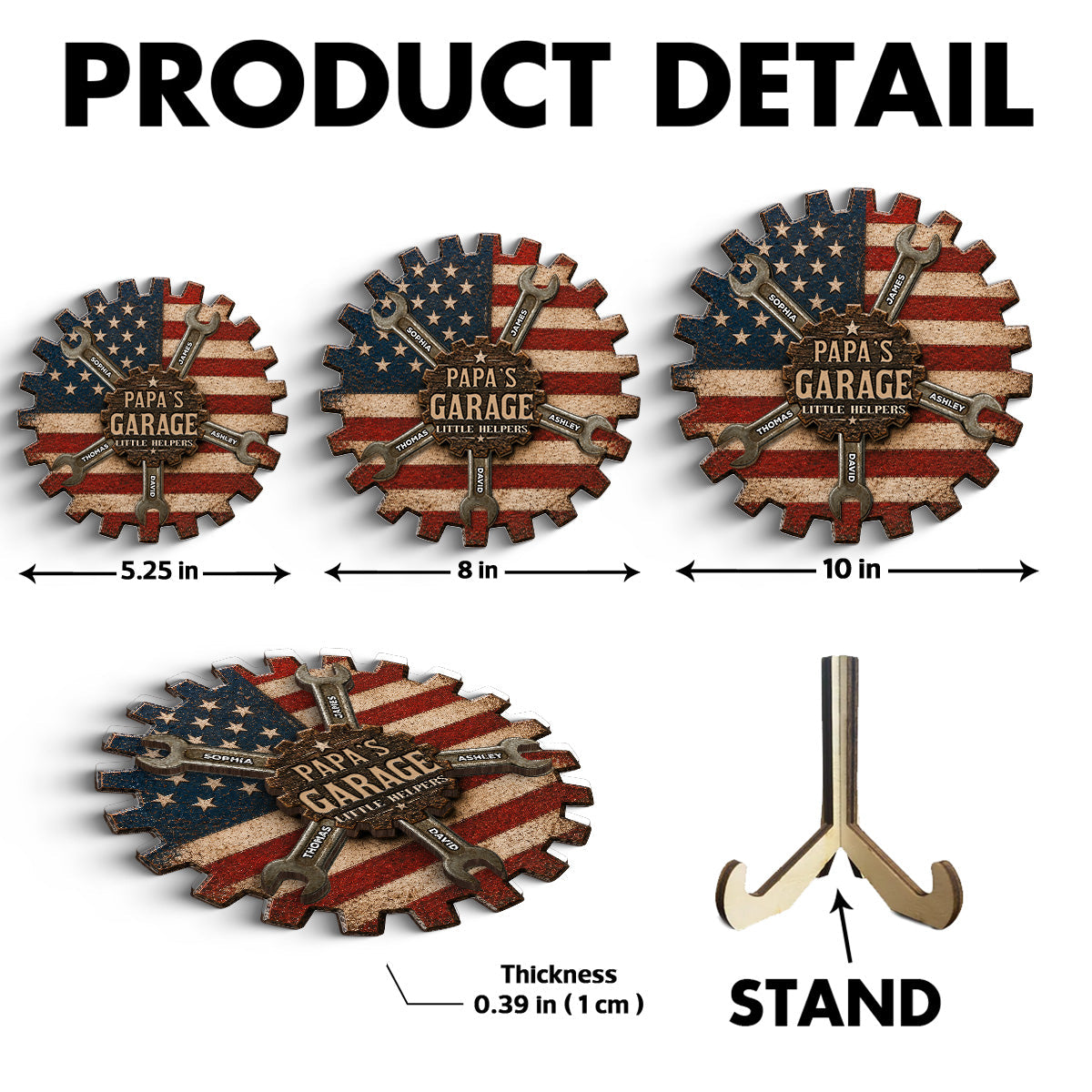 Rustic Workshop Little Helpers Nation Flag Theme 2D Flat - Personalized 2-Layered Wooden Plaque -  Gift For Patriotic Mechanic Dad, Grandpa
