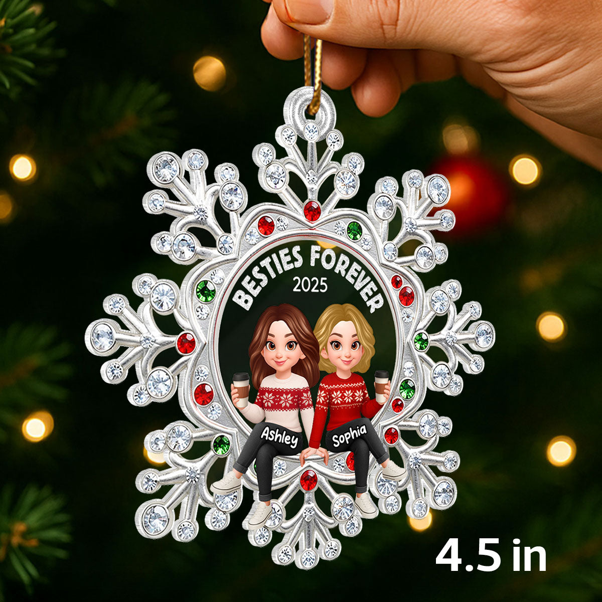 Besties Sitting on Snowflake - Personalized Acrylic Ornament - Christmas GIft for Besties