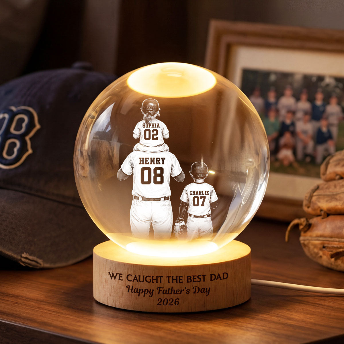 We Caught the Best Dad - Personalized Crystal Ball LED Night Light -  Gift for Dad, Husband