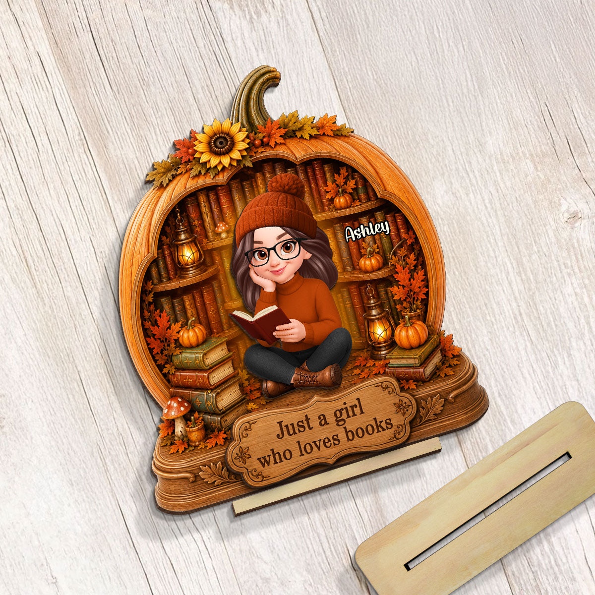 Fall Season Pumpkin Just A Woman Who Loves Books - Personalized 2-Layered Wooden Plaque - Fall Gift For Book Lovers