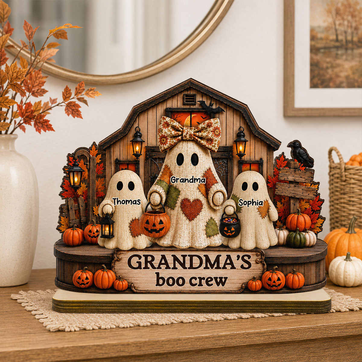Fall Season Halloween Rustic Patchwork Style Grandma's Boo Crew - Personalized 2-Layered Wooden Plaque - Fall Halloween Decor For Grandma
