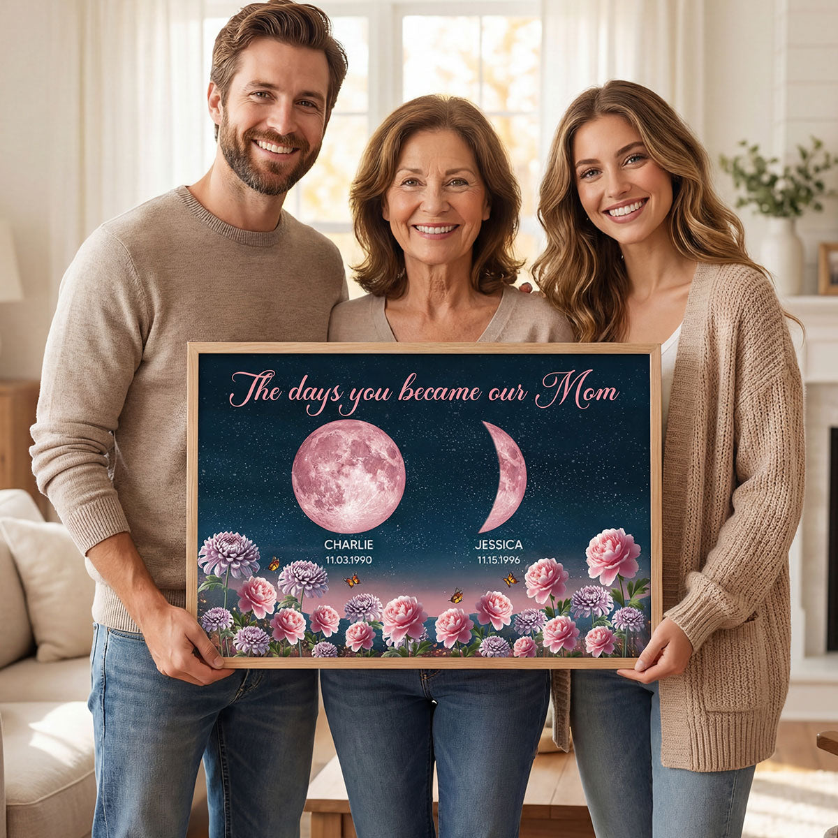 Birth Month Flowers The Day You Become Mum Grandma Custom Birth Moon Phase - Personalised Poster, Mother's Day Gift For Mum, Grandma