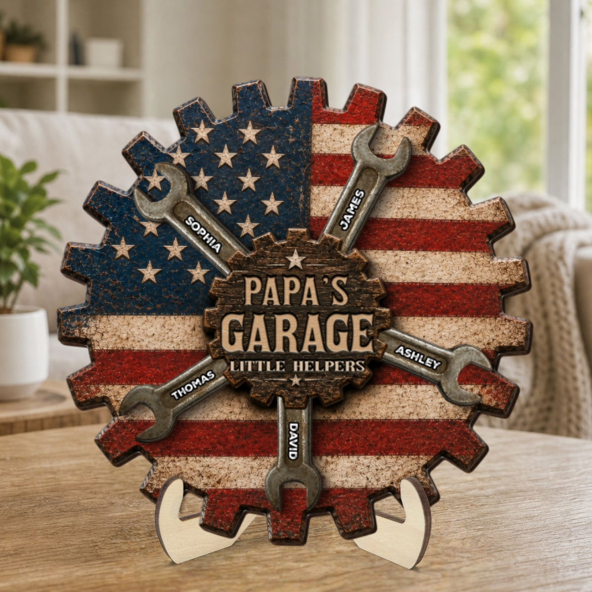 Rustic Workshop Little Helpers Nation Flag Theme 2D Flat - Personalized 2-Layered Wooden Plaque -  Gift For Patriotic Mechanic Dad, Grandpa