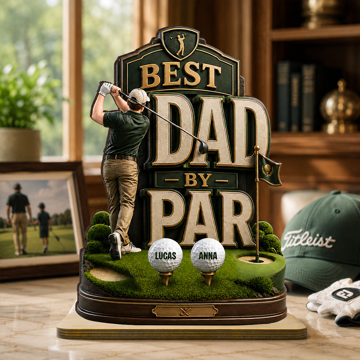 Golf Dad & Kids Best Dad By Par - Personalized 2-Layered Wooden Plaque -  Gift For Dad, Husband