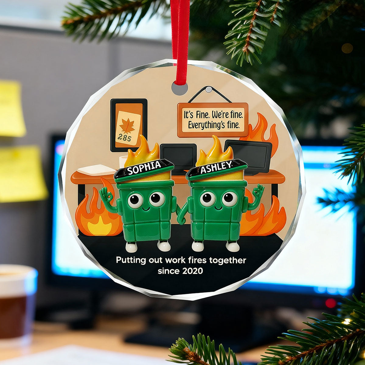 3D Effect Dumpster Fires In Office Scene - Personalized Glass Ornament - Funny Gift For Colleagues, Work Besties