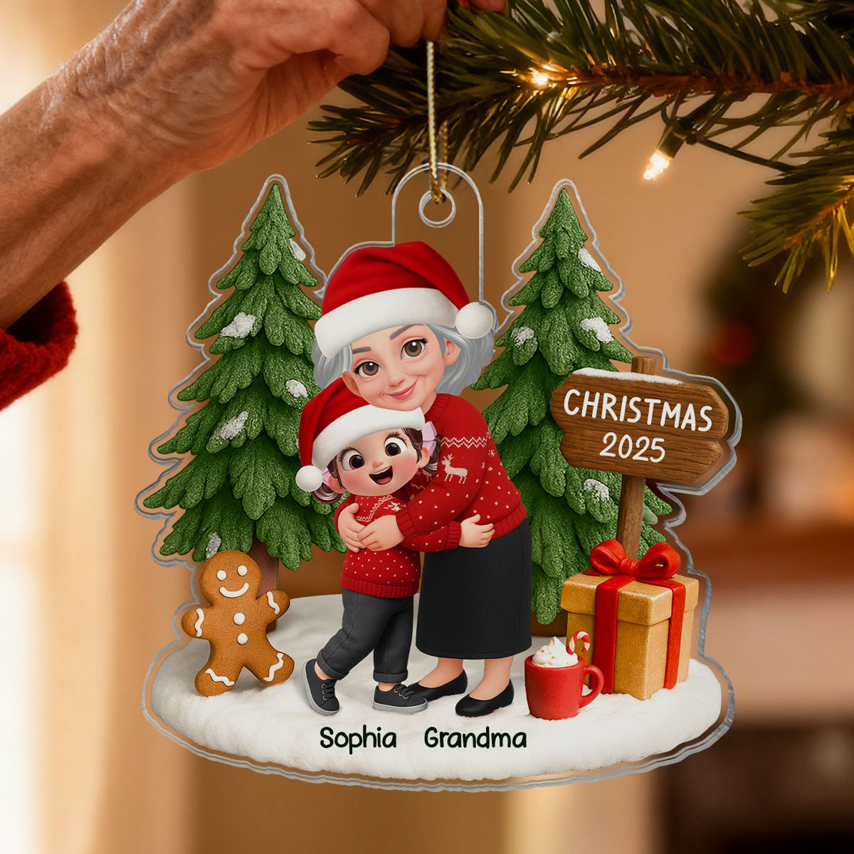 3D Effect Grandma Hugging Grandkid Festive Christmas - Personalized Acrylic Ornament - Gift For Grandkids