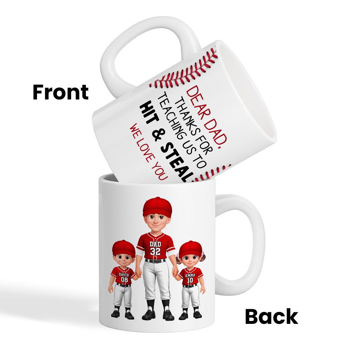 Thank You For Teaching Us To Hit & Steal Baseball Dad & Kids Standing - Personalized Mug - Father's Day Gift For Dad, Husband