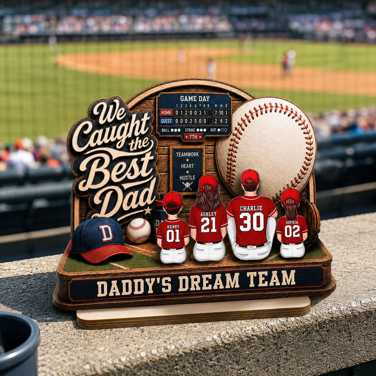 Baseball Things Dad & Kids Back View Sitting 2D Flat - Personalized 2-Layered Wooden Plaque - Happy  For Baseball Dad
