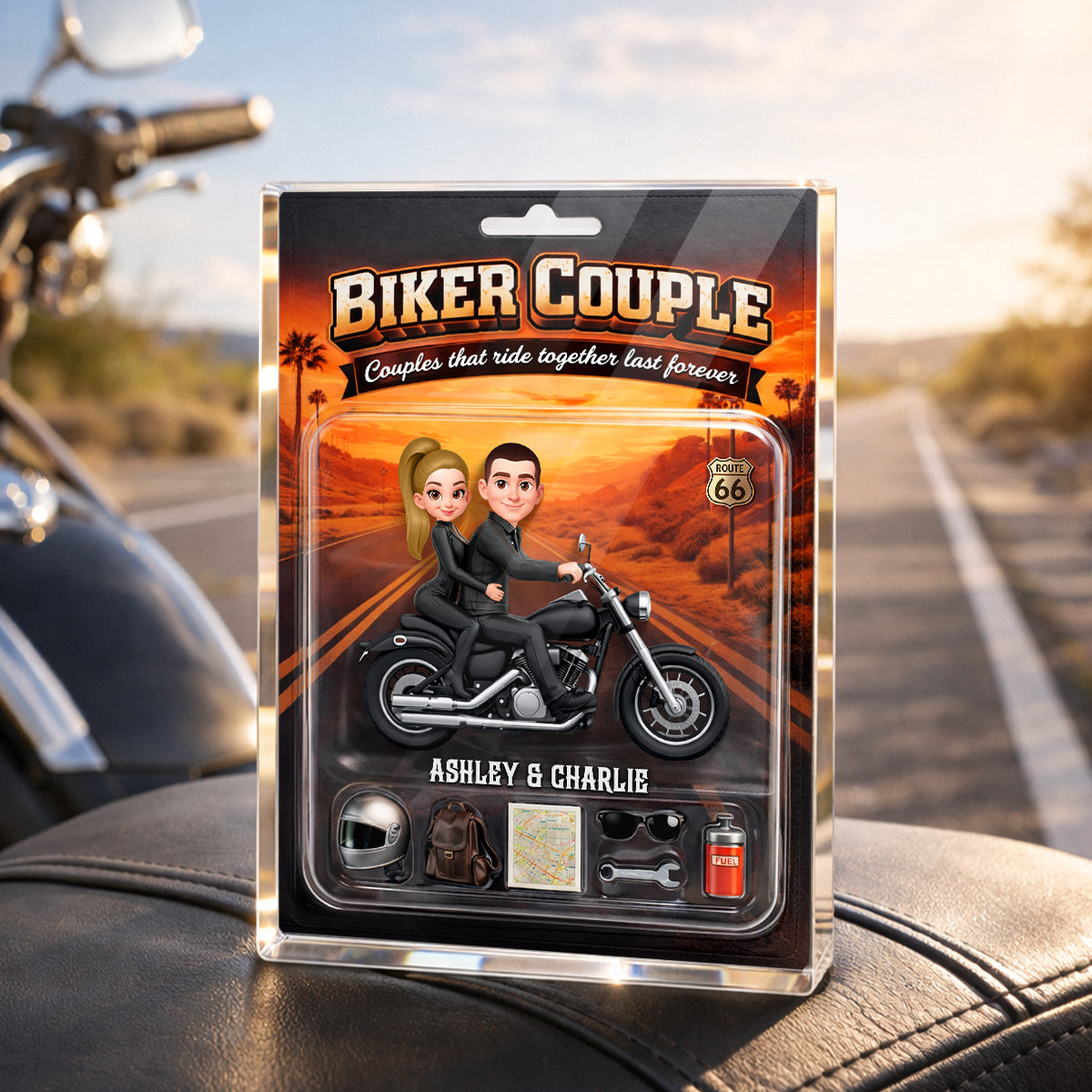 Couples That Ride Together Last Forever Sunset, Custom Action Figure Biker Couple - Personalized Acrylic Block Plaque - Heartfelt Gift for Him, for Her