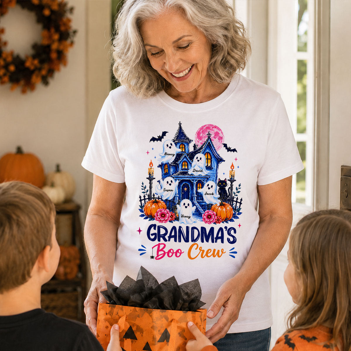 Grandma's Boo Crew Trendy Haunted House - Personalized Shirt - Halloween Shirt for Grandma