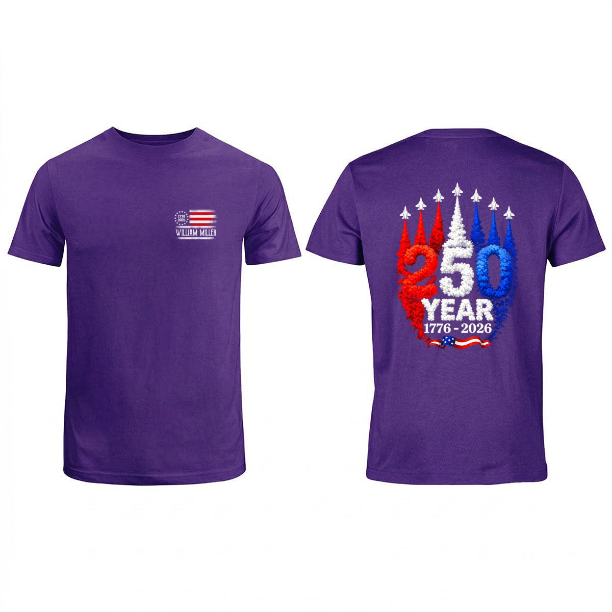 250 Years American Flag Red White Blue Jet Smoke Custom Name - Personalized Shirt - United States 250th Anniversary USA Patriotic
