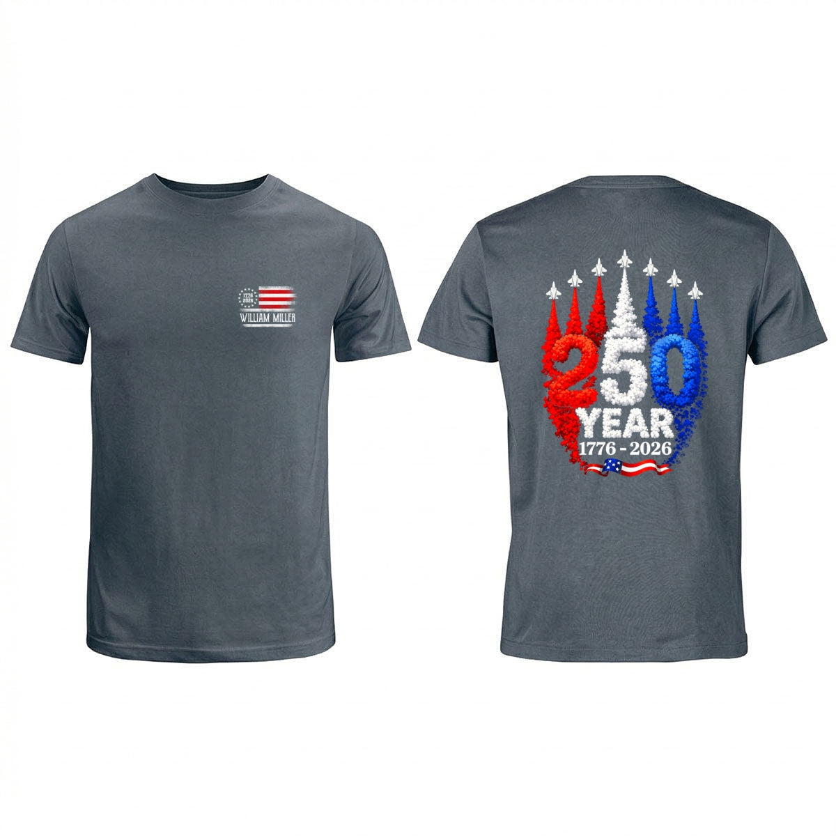 250 Years American Flag Red White Blue Jet Smoke Custom Name - Personalized Shirt - United States 250th Anniversary USA Patriotic