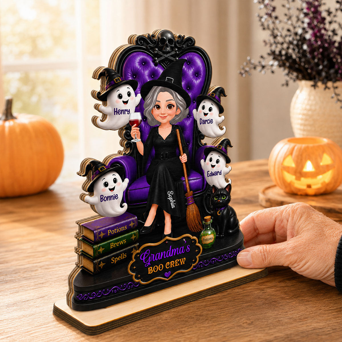 Grandma Witch Sitting On Chair 2D Flat - Personalized Wooden Plaque - Halloween Decoration