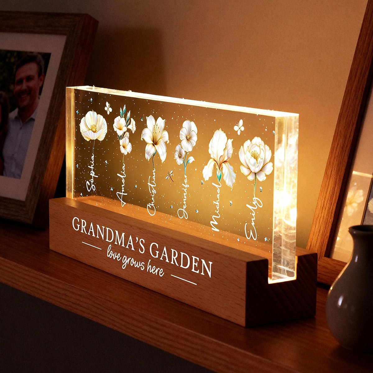 Grandma's Garden 3D Effect Birth Month Flowers - Personalized Acrylic Block LED Night Light - Gift For Grandma