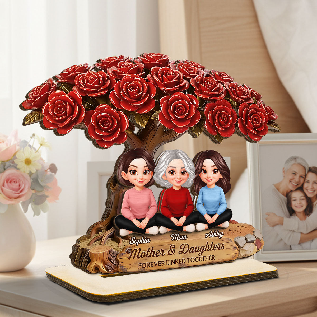 Vintage Rose Tree Mom And Daughter Son - Personalized 2-Layered Wooden Plaque - Gift For Mom