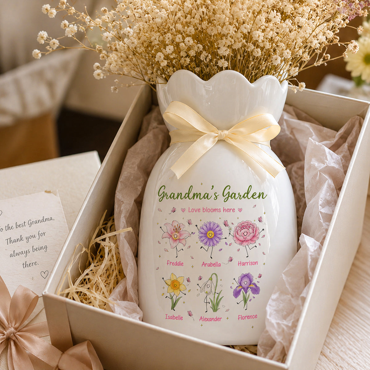 Grandma's Garden Cute Doodle Birth Month Flowers - Personalized Ceramic Flower Vase - Gift For Grandma, Mom