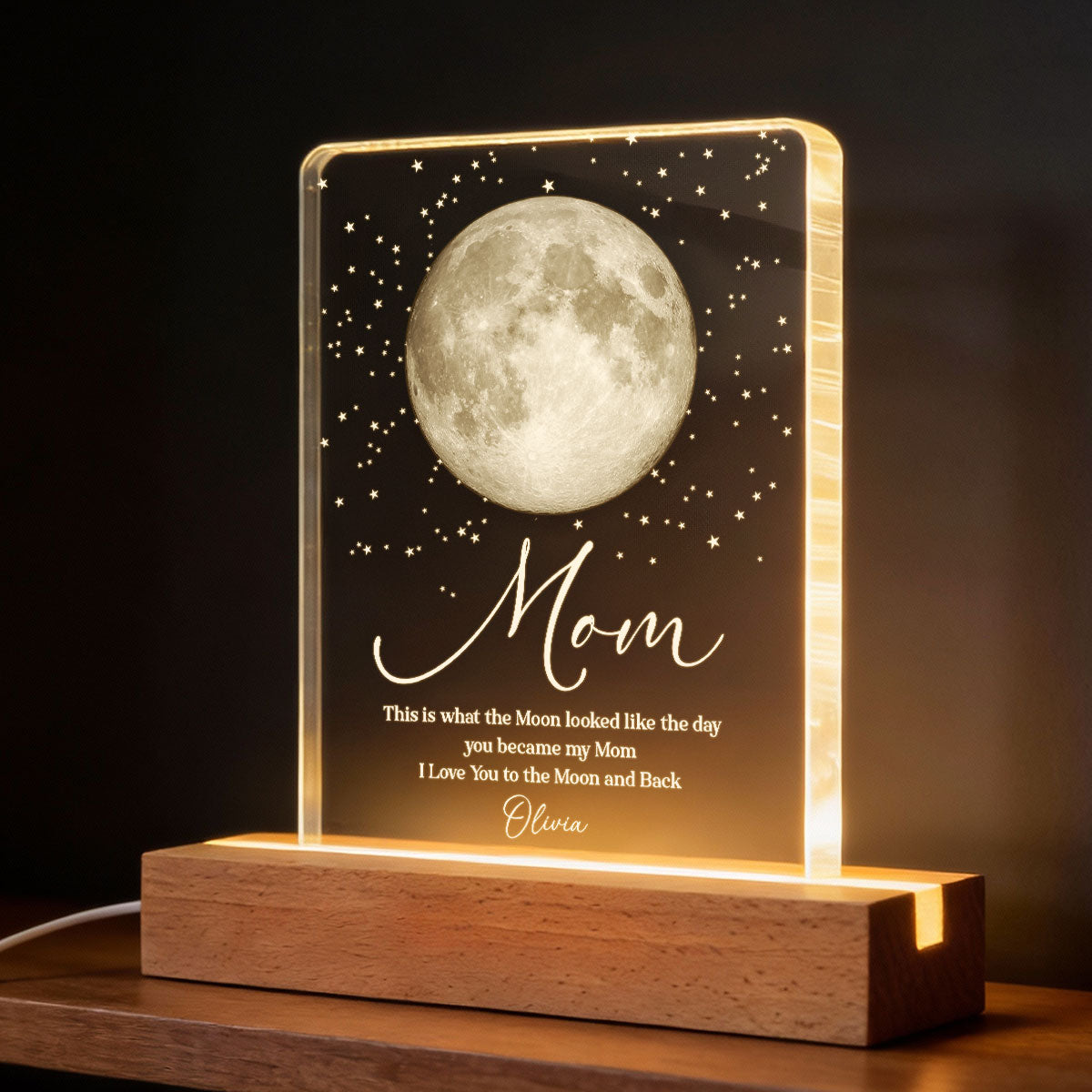 Mom I Love You to the Moon and Back, Custom Moon Phase by Date - Personalized Acrylic Block LED Night Light - Heartfelt Gift for Mom