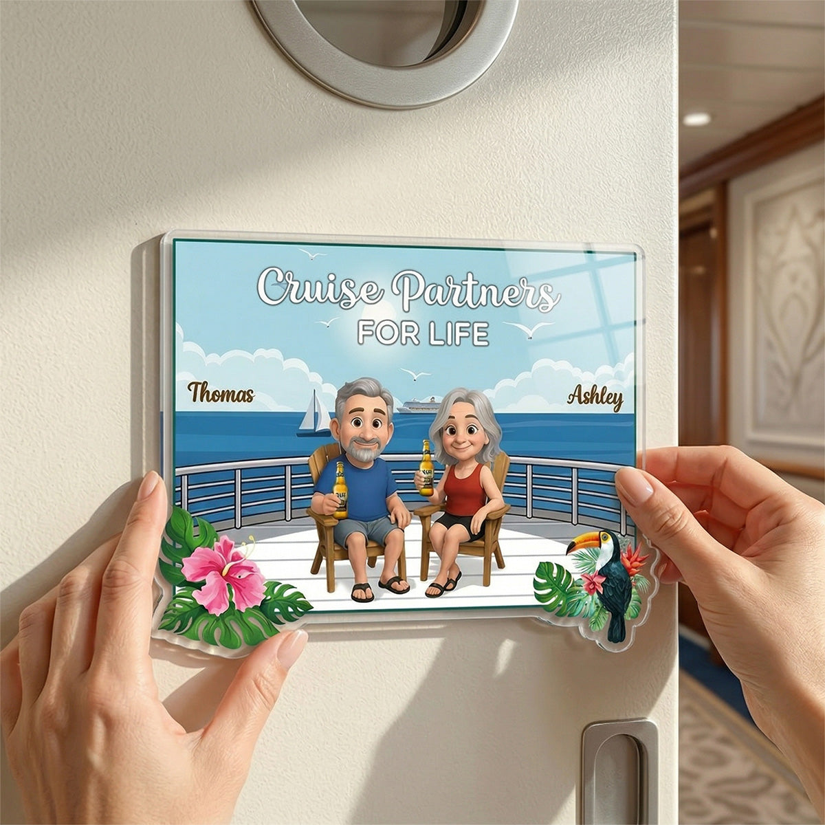 We're In Cruise Mode Old Cartoon Couple Sitting Cruise Deck - Personalized Cruise Cabin Door Magnet