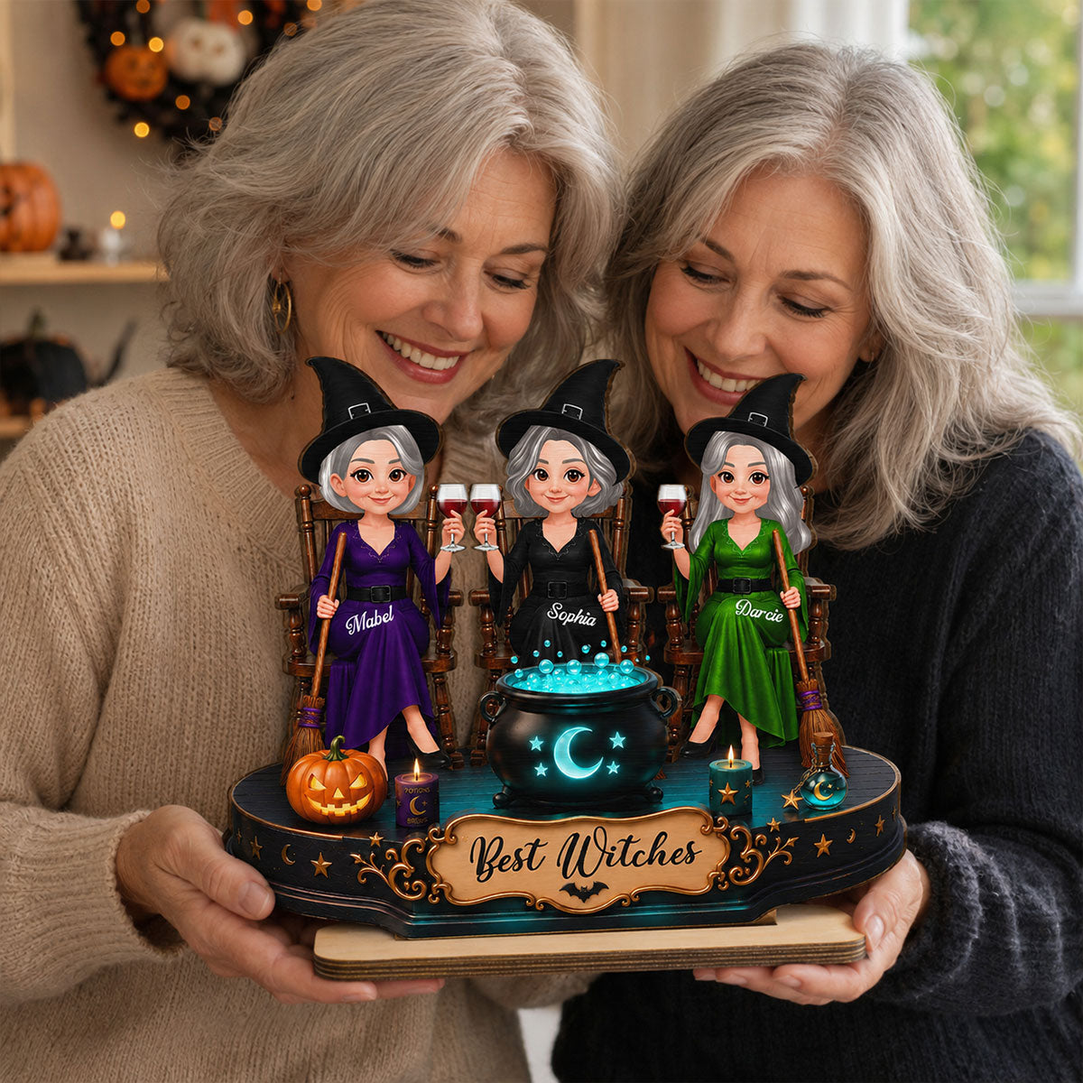 Besties Sisters Witches 2D Flat - Personalized Wooden Plaque - Halloween Decoration