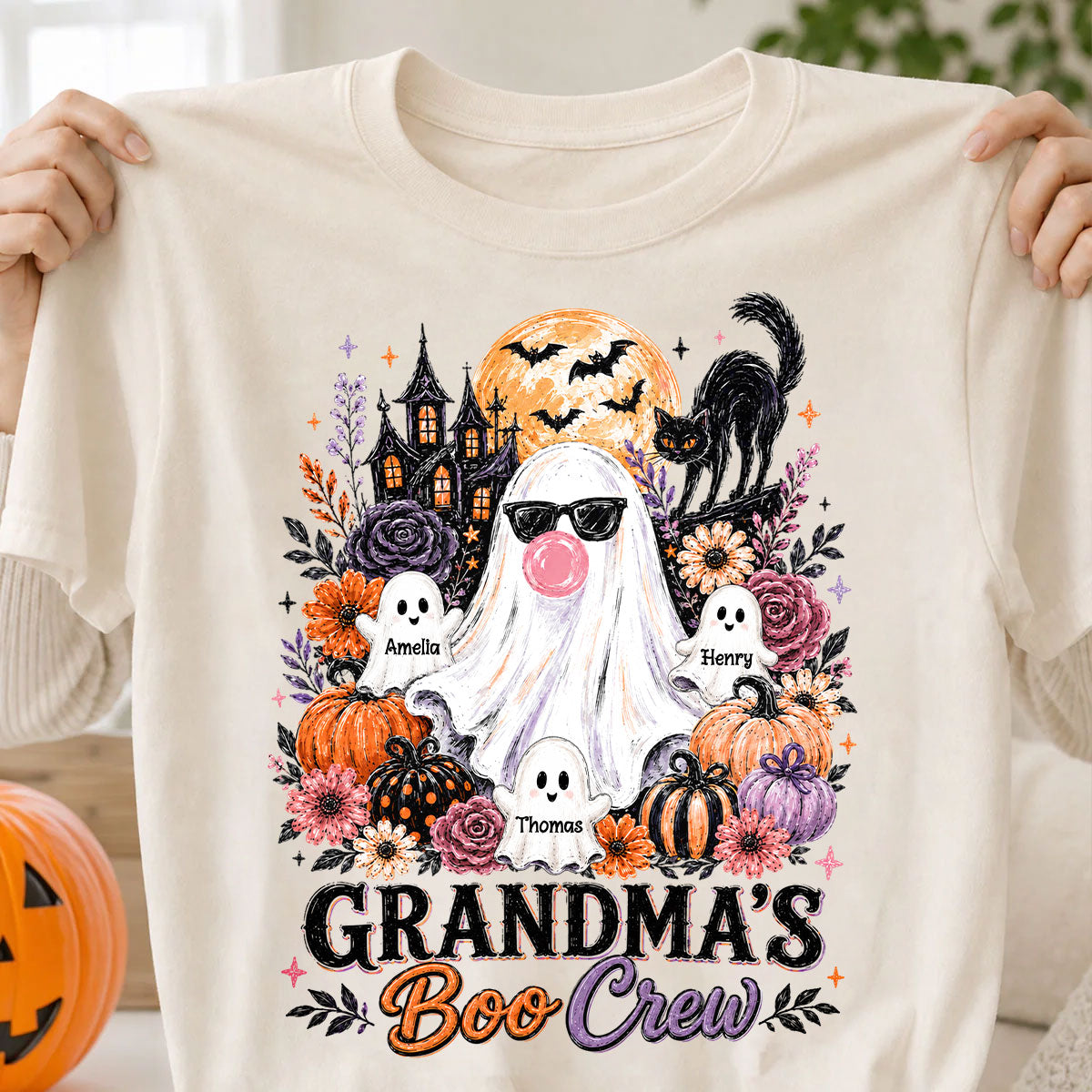 Grandma's Boo Crew Haunted House - Personalized Shirt - Trendy Halloween Tee for Grandma