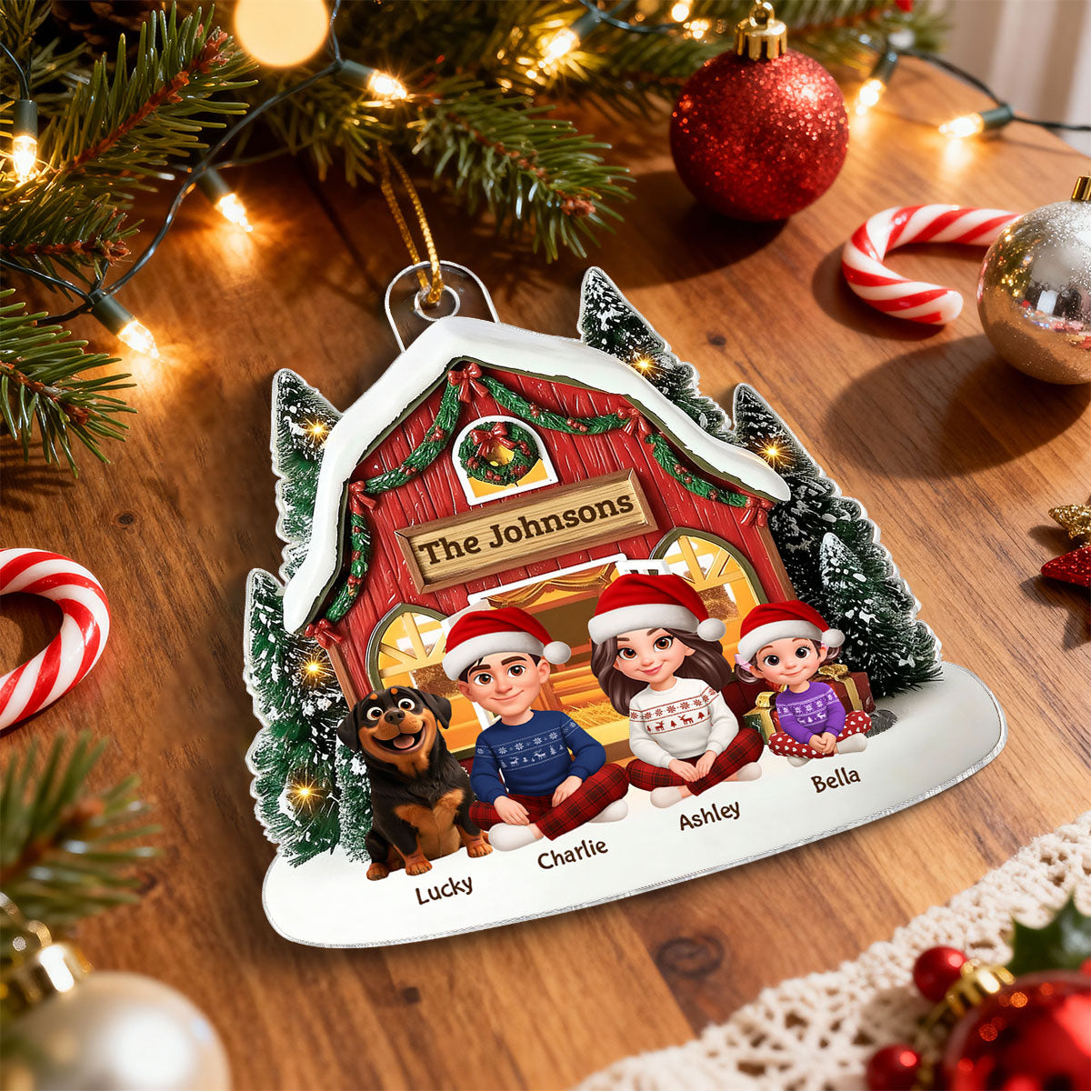 3D Effect Christmas Barn House Family Sitting Together - Personalized Acrylic Ornament