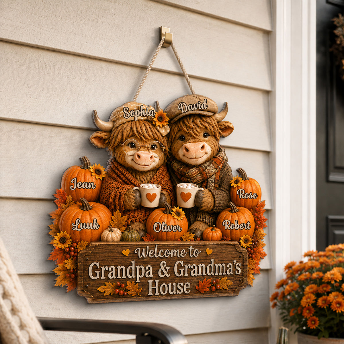 Welcome To Grandpa Grandpa's House Highland Cow - Personalized Wood Sign - Fall Season Decor Gift, Gift For Grandma, Grandpa