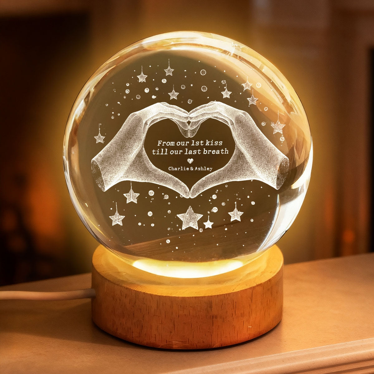 From Our First Kiss Till Our Last Breath - Personalized Crystal Ball Night Light - Heartfelt Anniversary Gift for her, for him