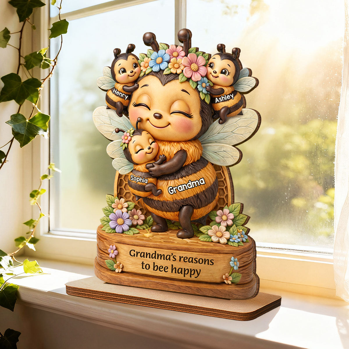 Grandma Mom's Reasons to Bee Happy - Personalized 2-Layered Wooden Plaque - Mother's Day Gift for Grandma, Mom