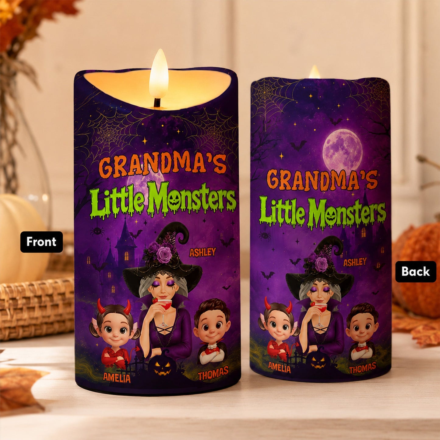 Grandma's Little Monsters Pretty Witch & Kids Purple Theme - Personalized LED Candle - Perfect Halloween Decor for Grandma