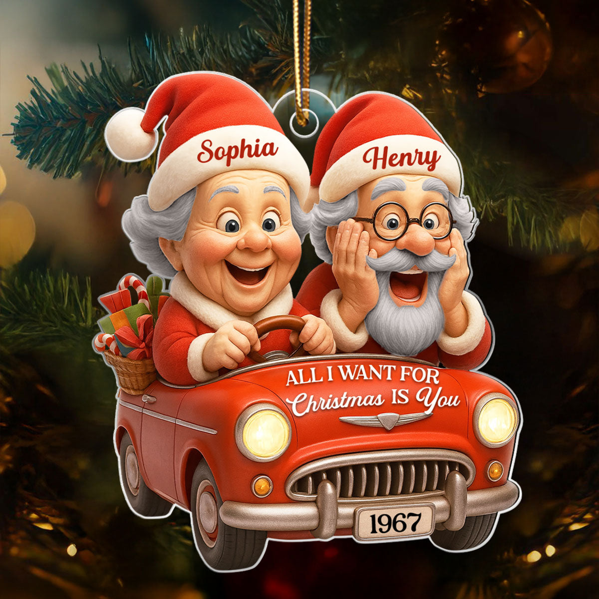 Old Couple In Santa Car - Personalized Acrylic Ornament - Unique Christmas Gift For Him, For Her, For Couple