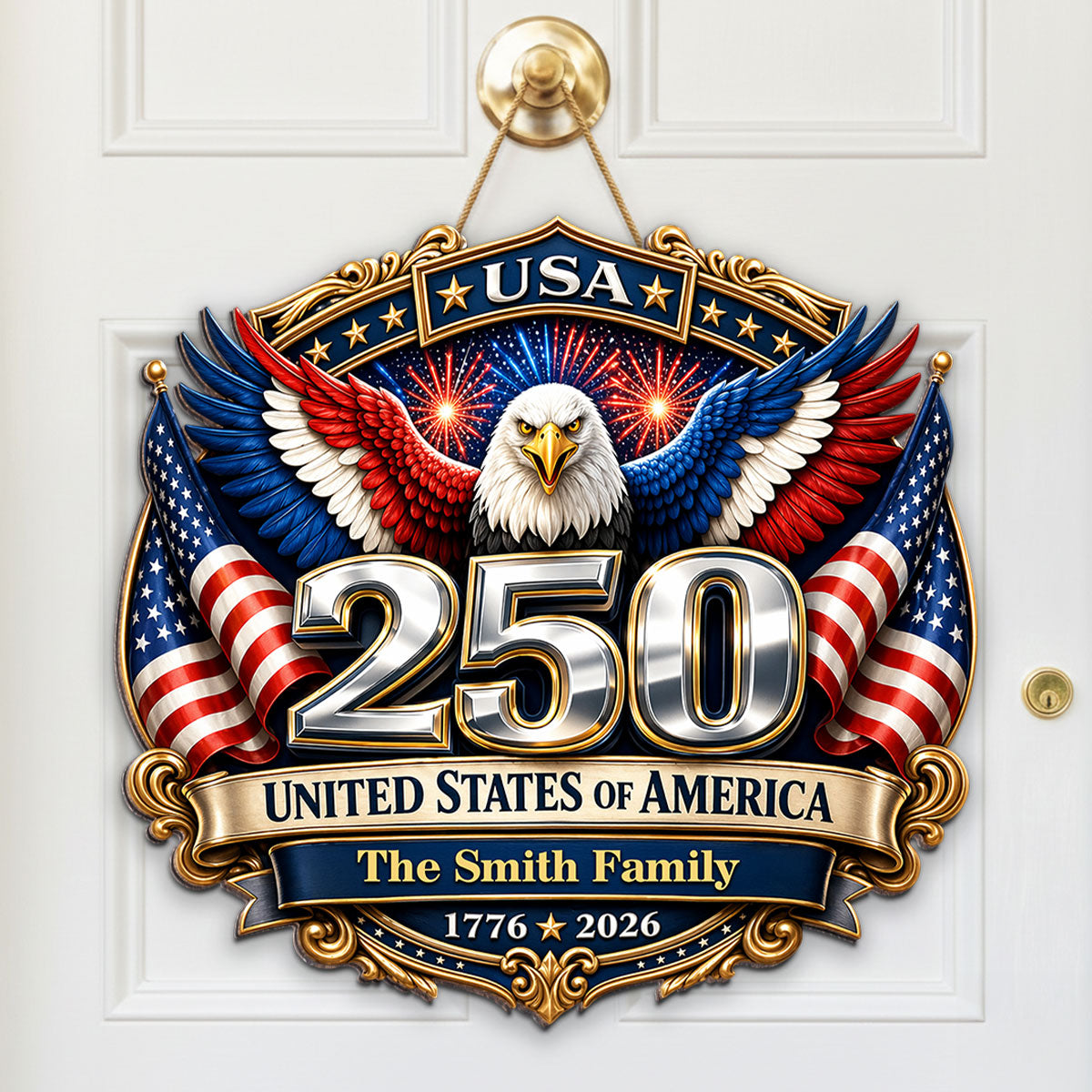 250th Anniversary America Patriotic Eagle - Personalized Wooden Sign - 250 Years of Freedom, Family Decoration