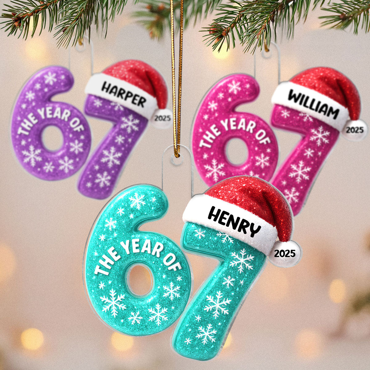 3D Glitter Effect 67 Six Seven 2025 Slang - Personalized Acrylic Ornament - Funny Christmas Gift For Teen, Grandkid, Gen Alpha
