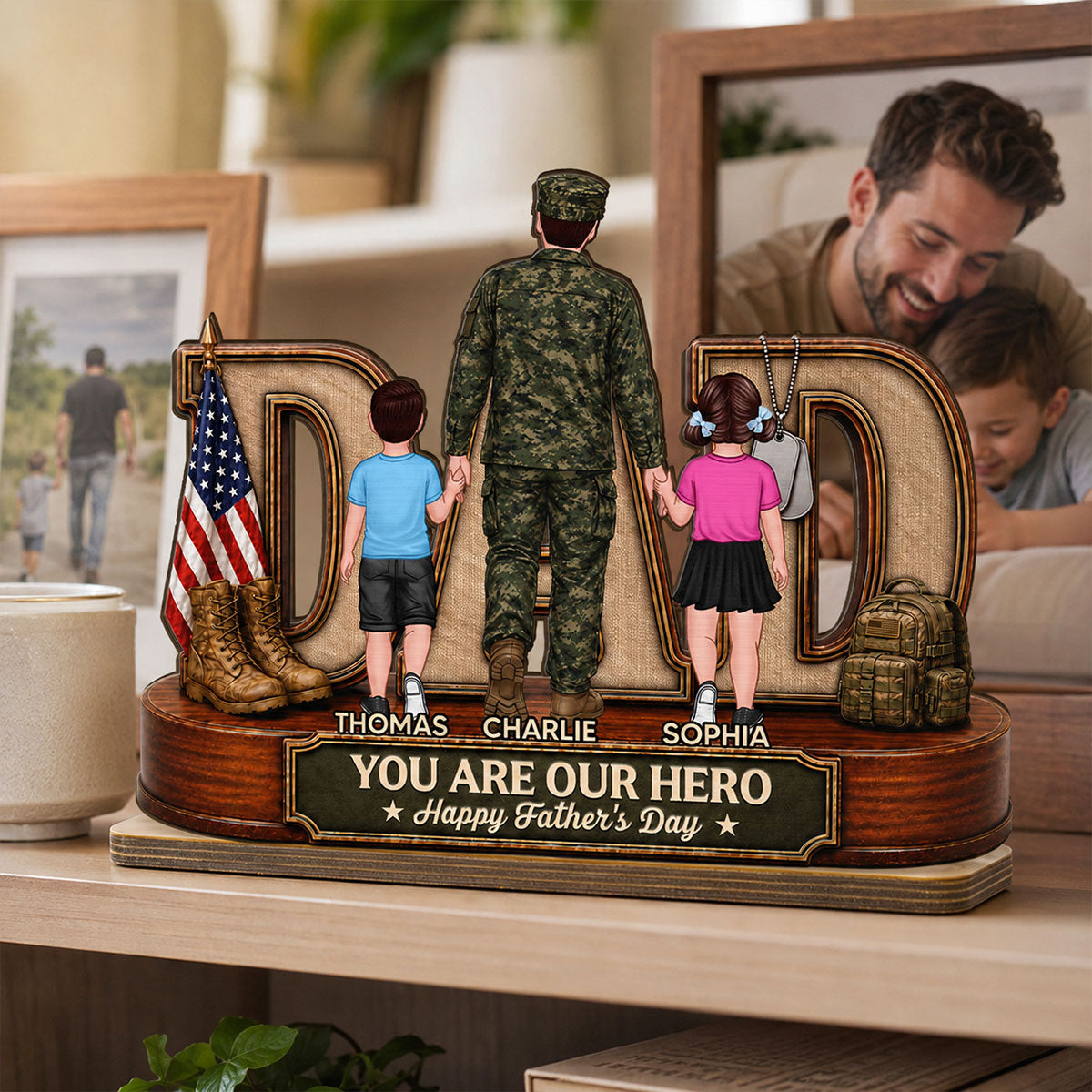 Proud American Army Dad You Are Our Hero - Personalized 2-Layered Wooden Plaque -  Gift For Dad, Husband