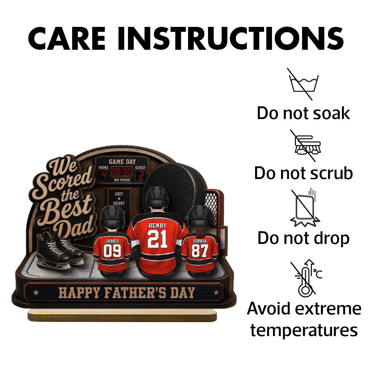 Hockey Dad & Kids Sitting On Court 2D Flat - Personalized 2-Layered Wooden Plaque -  Gift For Hockey Dad
