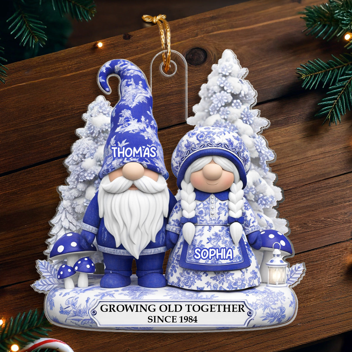 3D Effect Standing Gnome Couple Toile De Jouy Pattern - Personalized Acrylic Ornament