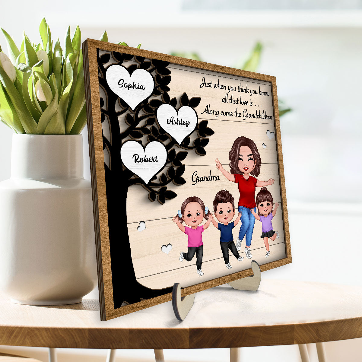Love Come Along With Grandchildren Heart Tree Happy Grandma Grandkids Personalized 2-Layer Wooden Plaque