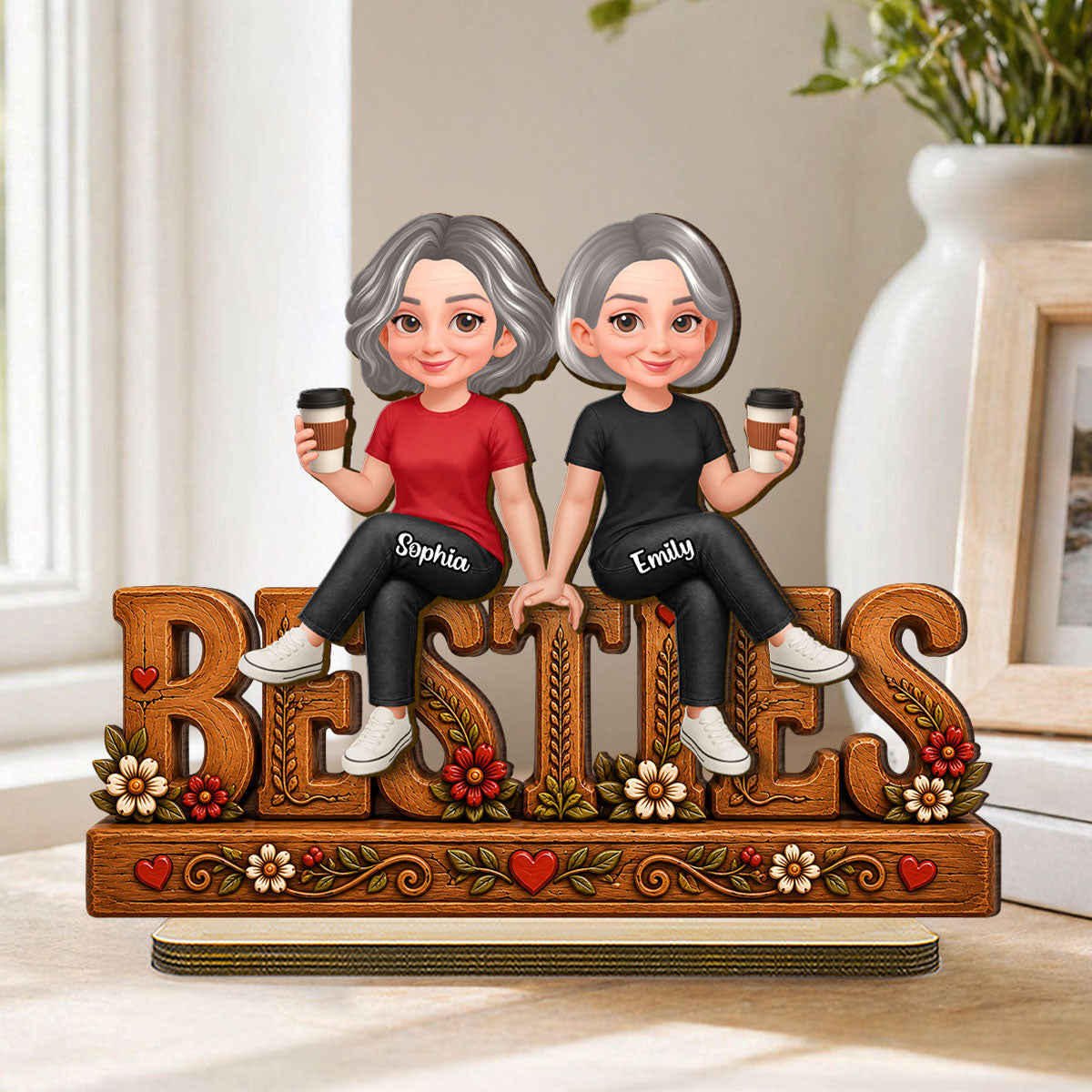Floral Besties Forever Friends Forever - Personalized 2-Layered Wooden Plaque - Birthday Gift, Keepsake, Gift For Best Friends