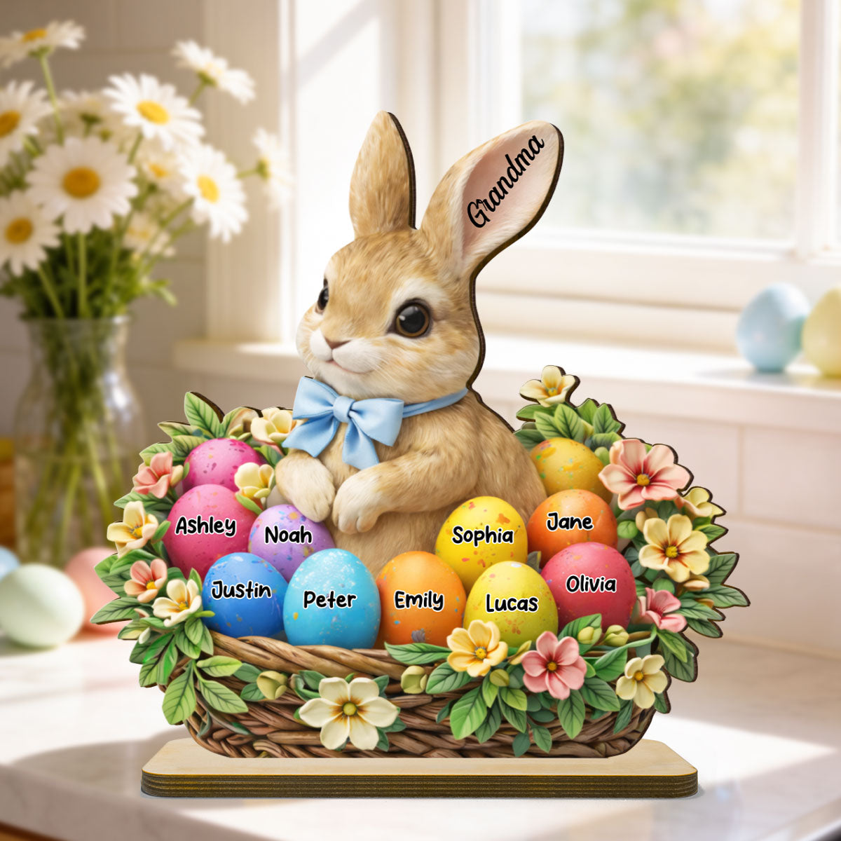 Grandma Grandkids Easter Bunny Basket - Personalized 2-Layered Wooden Plaque - Gift For Grandma