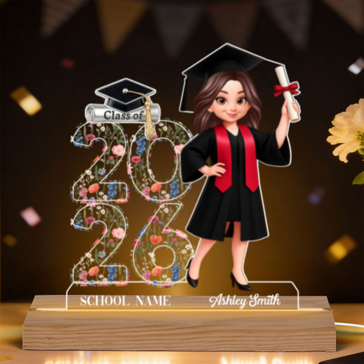 Class Of 2026 2027 Senior Floral - Personalized Acrylic Plaque LED Night Light - Graduation Gift For Graduates, Daughter