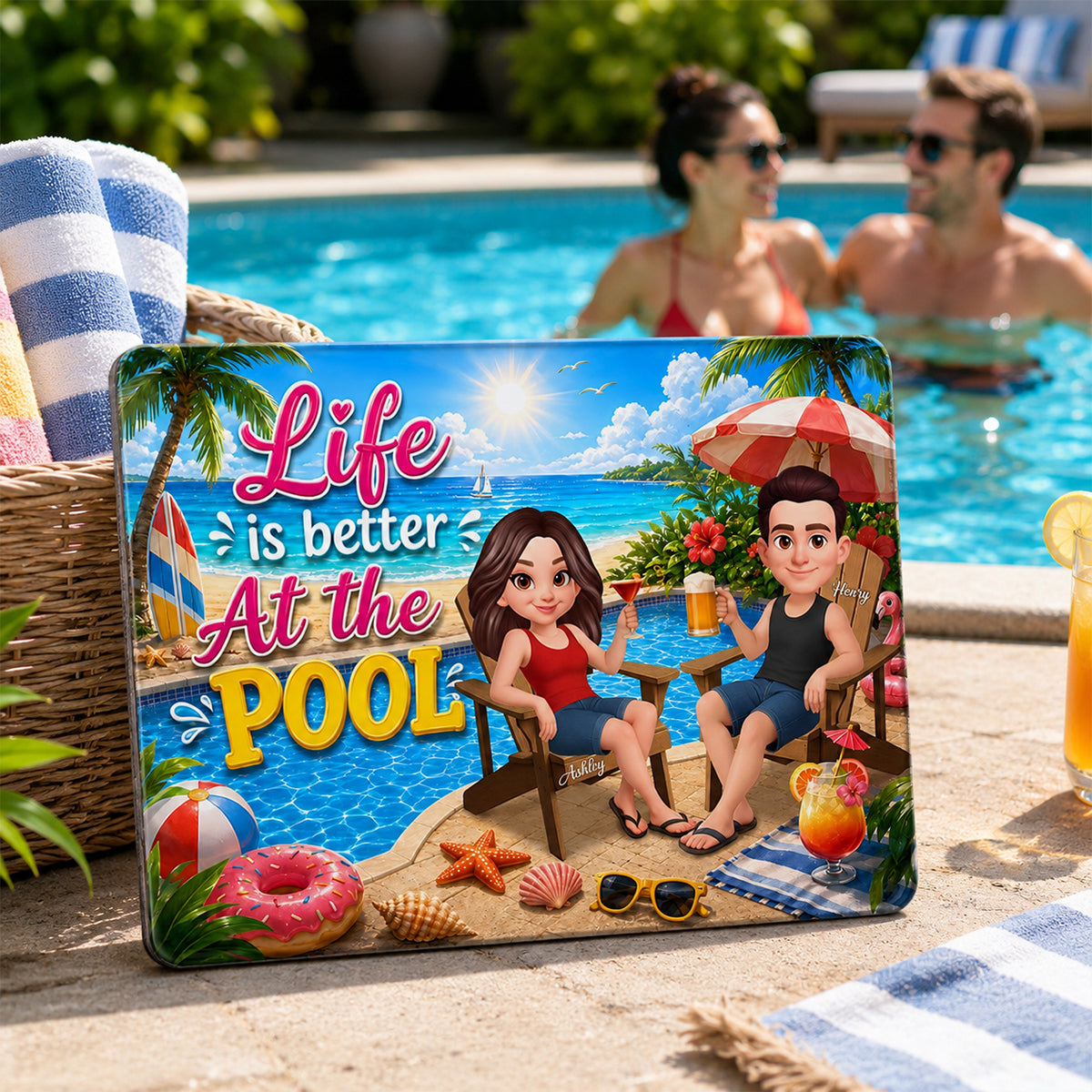 Life is Better at the Pool Summer Couple - Personalized Wood Sign - Summer Decor, Summer Housewarming Gift