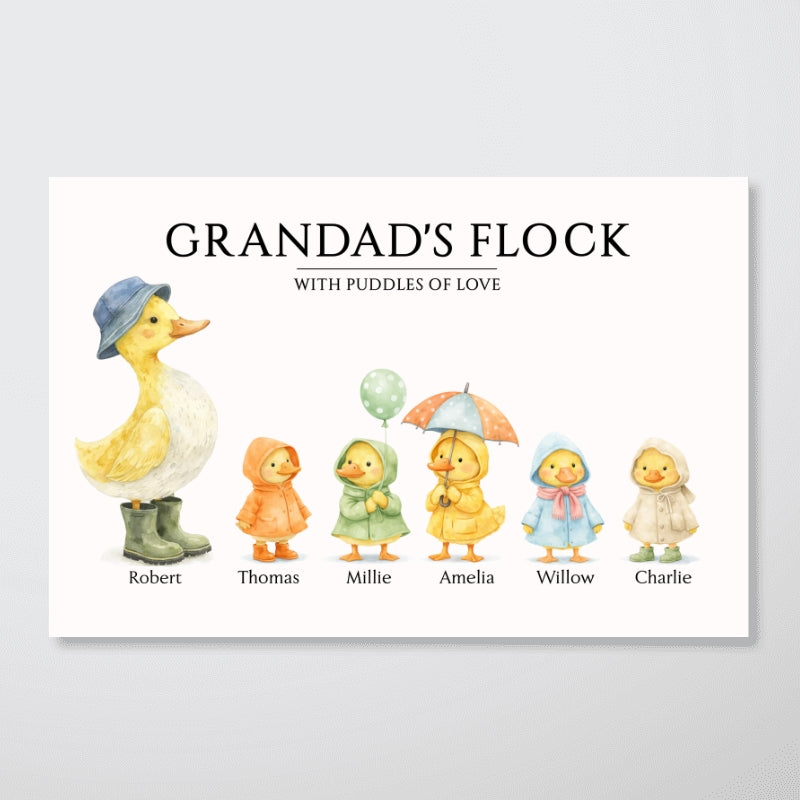 Grandparents Grandad Grandma's Flock with Puddles of Love - Personalised Poster - UK Father's Day Gift for Grandpa