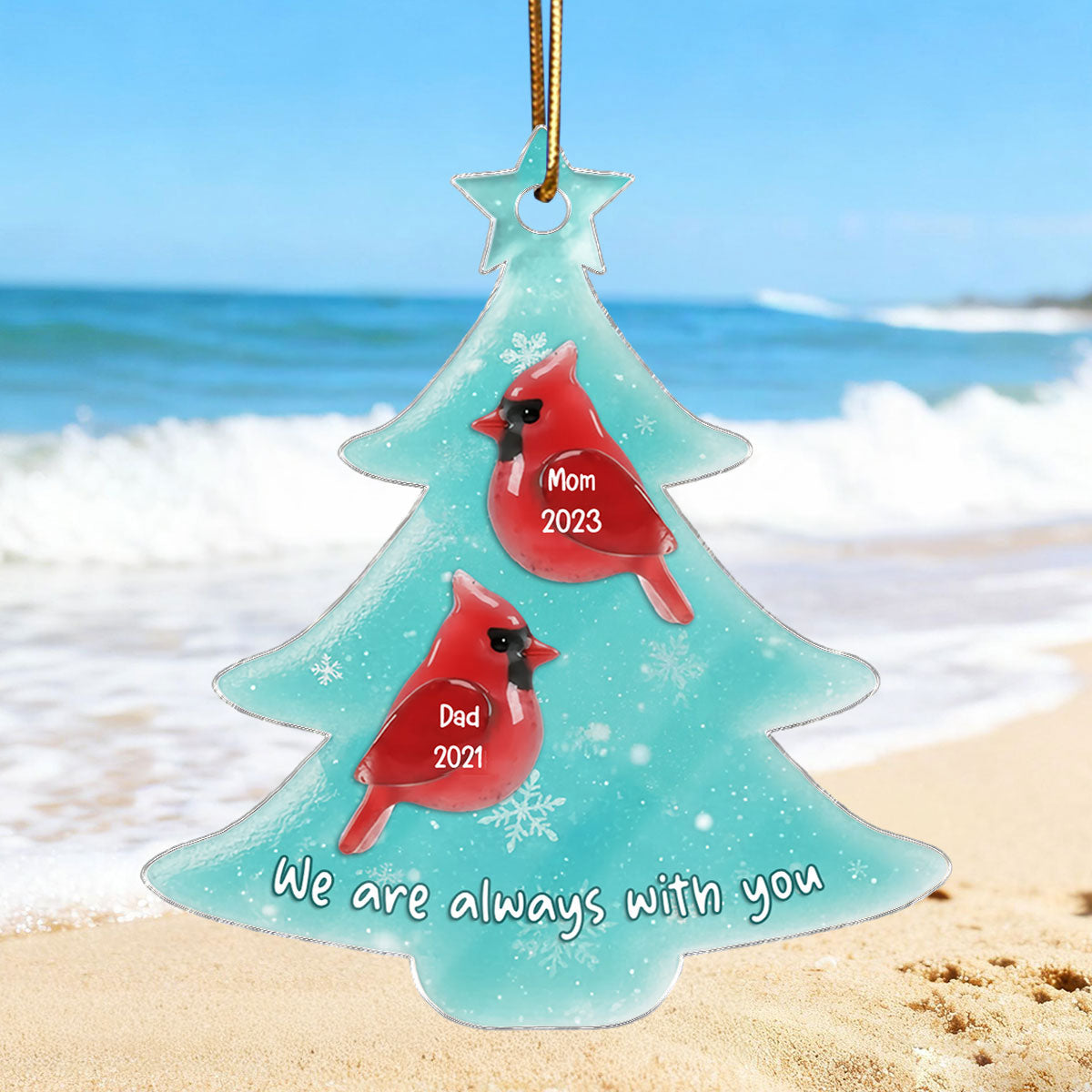 2D Sea Glass Effect Christmas Cardinals Memorial - Personalized Acrylic Ornament - Remembrance Keepsake, Sympathy Gift