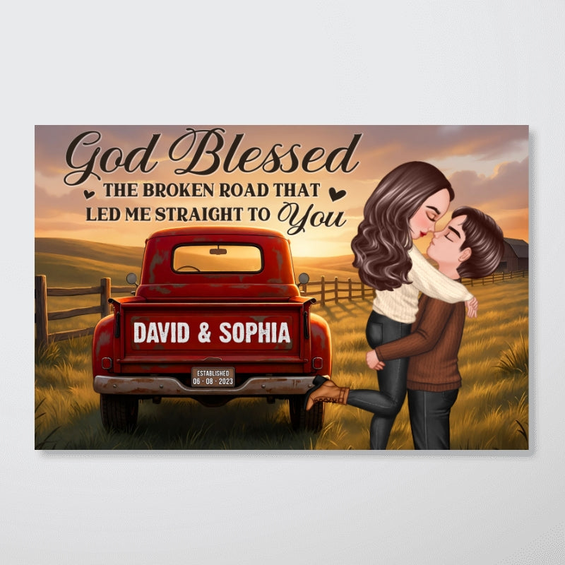 Rustic Nostalgia Red Truck Couple Hugging Kissing Farmhouse Decor - Personalized Poster - Heartfelt Valentine, Anniversary Gift For Him, For Her