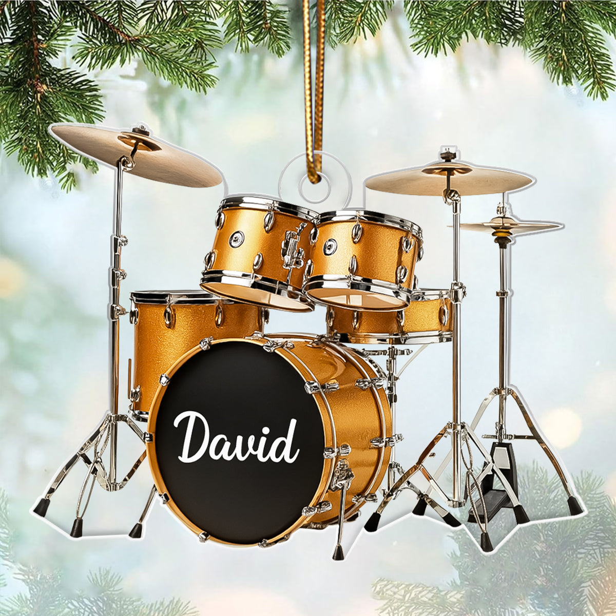 Custom Name Gold Drum Set - Personalized Acrylic Ornament -  Thoughtful Drummer Christmas Gift, Musician Christmas Tree Hanging Decor