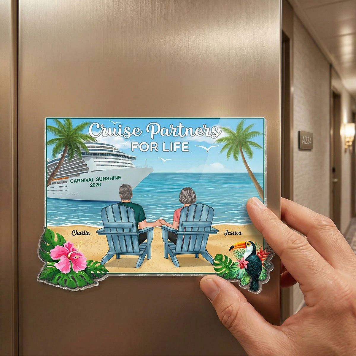 We're In Cruise Mode Back View Couple Sitting On The Beach - Personalized Cruise Ship Door Magnet